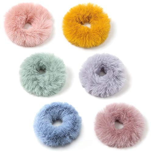 Gresunny Haargummi, elastisch, flauschig, künstlich, Kaninchenfell, Seile, Ringe, Quasten, elastisch, ohne Spuren zu verursachen, Zubehör für Frauen und Mädchen, 6 Stück