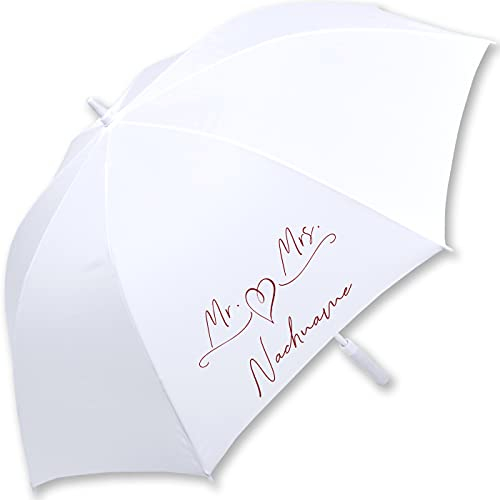 iX-brella XXL Stockschirm Fiberglas Golf Automatik Weiß Mr. & Mrs. filigranes Herz personalisiert mit Nachname - rot