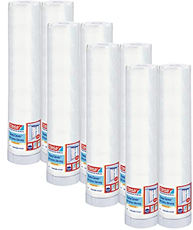 tesa Easy Cover 4373 UV Extra Stark, 8 x Malerband mit Folie, 12 m x 2,6 m | UV-beständiges Gewebeband mit extra belastbarer Malerfolie - zum Abkleben und Abdecken im Außenbereich - Transparent