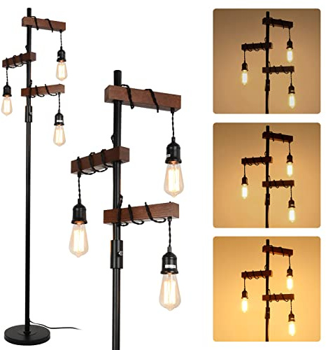 Rayofly Industrial Dimmable Floor Lamps, Farmhouse 3-Lights Wooden Standing Lamp, Vintage Tree Tall Light, E27 LED, Metal Black Brown Floor Lamp for Living Room, Bedroom, Sofa, Corner, Rustic Home