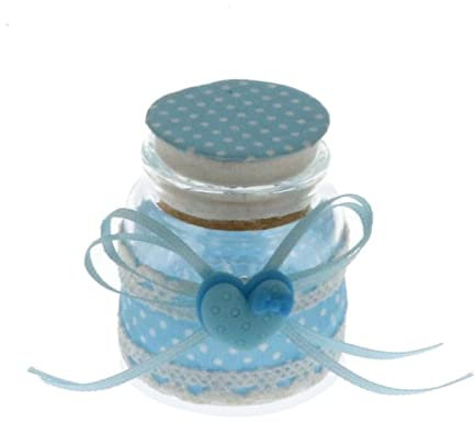 Lot de 12 pots en verre, décoré avec tissu à pois bleu ciel, dentelle et application en forme de cœur bleu clair, dragées, naissance, baptême, premier anniversaire de bébé, petit garçon