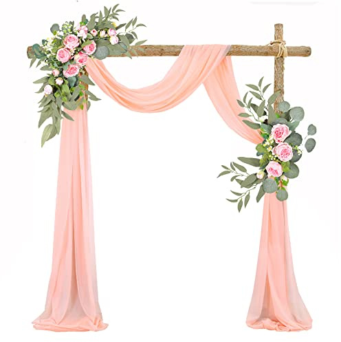 EESLL Künstliche Hochzeitsbogen-Blumen-Set (3 Stück), 2 weiße Rosen-Blumen-Girlanden mit 1 weißen, durchsichtigen Stoff, Blumen-Girlanden zur Dekoration