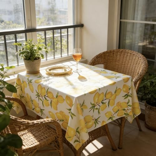 PUDSIRN Tischdecke Zitronen Frühling Sommer, gelb, Polyester, schmutzabweisend, wasserdicht, Picknick Küche (140 x 200 cm)