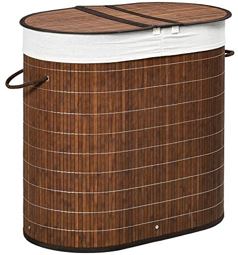HOMCOM Cesto para Ropa Sucia de Bambú Capacidad de 100L Cesta para la Colada con Tapa Abatible y Bolsa de 2 Compartimentos Extraíble 62,5x37x60,5 cm Marrón