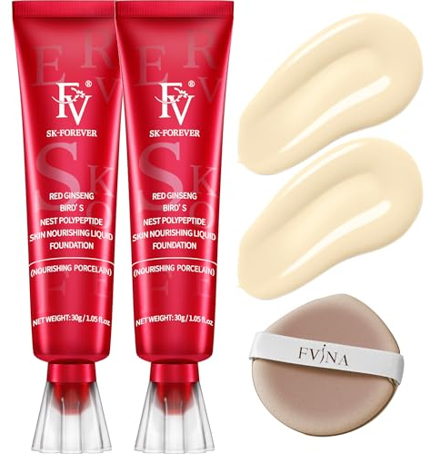 FV 2PCS Liquid Foundation Lightweight Medium Coverage Oil Control Concealer Waterproof Cream Hydrating Foundation for Flawless Makeup for Dry and Combination Skin (Nourishing Porcelain)