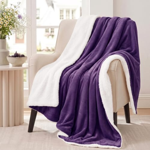 Aisbo Sherpa Fleece Throw Blanket Purple - Fluffy Thick Warm Blanket for Bed Double Size, Soft Solid Microfiber Blanket Twin for Sofa Couch, 150x200cm