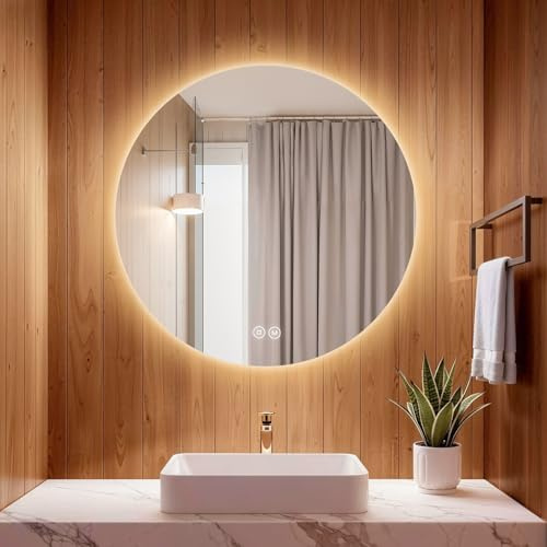 S'AFIELINA Miroir de Salle de Bain Rond 60cm Diamètre avec Éclairage Miroir Mural LED avec Interrupteur Tactile Miroir de Salle de Bain à 3 Couleurs de Lumière Froid/Chaud/Neutre intensité Variable
