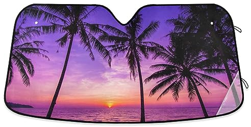 Sonnenschutz, Motiv: Palme, tropische Bäume, Silhouette, Sonnenuntergang, Windschutzscheibe, Regenschirm, faltbar, UV-Visier, hält das Fahrzeug kühl, Frontscheibenabdeckung für SUV, Jeep, LKW, 144,8 x