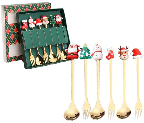 Lot de 6 couverts de Noël,Ensemble de couverts de Noël,Couverts en Acier Inoxydable Dorés 6 Pièces,Set Couverts de Table de Noël,Set de cuillères et fourchettes de Noël pour café Thé Dessert (Vert)