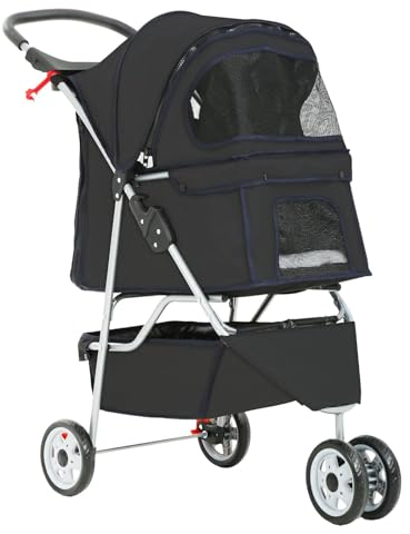 PJDDP Haustier-Kinderwagen, Faltbarer Hunde-Kinderwagen, Langlebiger 3-Rad-Katzen-Jogger-Kinderwagen Für Kleine Und Mittelgroße Hunde Und Katzen Mit Waschbarem Futter,Schwarz