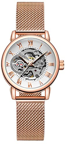 FORSINING Orologio da polso da donna, alla moda, stile casual, impermeabile, a carica manuale, meccanico, con cinturino in maglia in acciaio inox, 03-rosa Bianco, Bracciale