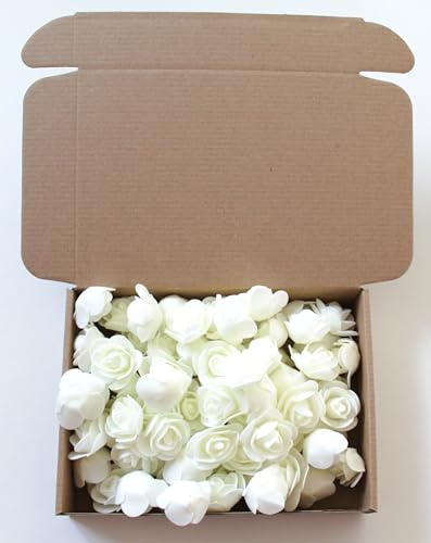 CaPiSo 72 Stück Künstliche Rosen-Box 3,5cm Blumenköpfe Mini Foamrosen Kunstrosen für Handwerk Brautstrauß Rosenstrauß Streublüten Streurosen Basteln in Aufbewahrungsbox (Creme)