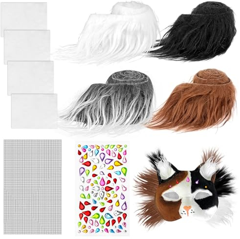 Therian Masken-Bastelset – 4-teiliges Kunstfellgewebe und selbstklebende Filzfolie mit Pelzaugenmaschen und Edelstein-Aufklebern zum Bemalen von Katzen-Fuchs-Ausrüstung für Halloween, Maskerade-Party