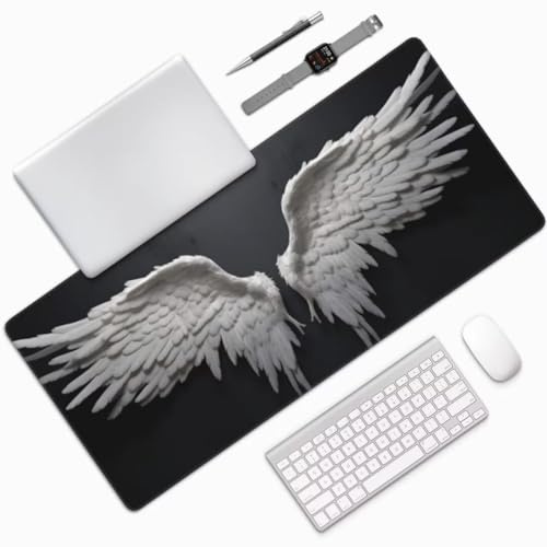 Tapis de Souris Noir Tapis de Souris XXL 1200x600 mm, Imperméable Tapis de Souris Gamer XXL Tapis Souris Ailes blanches Mouse Pad, Base Atidérapante, Haute Précision et Vitesse pour Deco Bureau -MU669