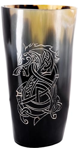 Battle-Merchant Wikinger Trinkbecher, Horn, Fenrir Motiv, ca.150-250 ml | Hornkrug Graviert, Lebensmittelecht, Naturhorn, Poliert, Rinderhorn, Mittelalter, Met, Becher, Reenactment, LARP