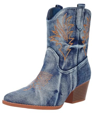 Bandkos Cowboy Boots for Women Ankle Cowgirl Booties Wide Mid Calf Pointed Toe Western Boots Short Chunky Classic Booties size10