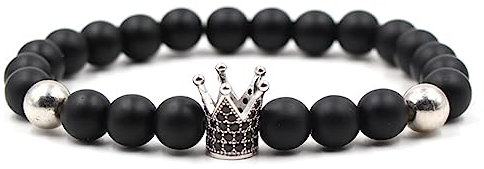 Tolldek 8mm Naturstein Armband, Krone Anhänger Damen & Herren Armband, Echten Natursteinen Partnerarmband Paar Geschenk für Frauen und Männer, 19CM, Schwarz