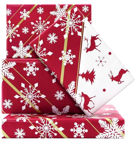 Weihnachts-Geschenkpapier Rolle, Rot und Weiß Weihnachtsbaum Schneeflocken Rentier Doppelseitig Wendbar Geschenkpapier – 1 Mini Rolle 43x1000cm pro Rolle – für Feiertage, Weihnachten, Geburtstage