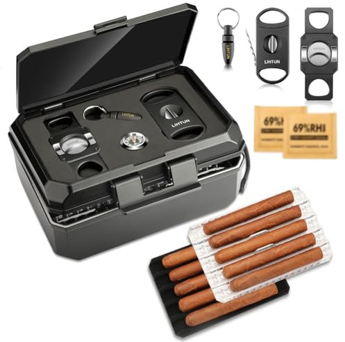 LIHTUN Reise-Humidorbox und Zigarrenzubehör-Set, tragbares Zigarren-Humidor-Etui mit 2 Zigarrenschneidern, 1 Zigarrenbohrer, Hygrometer, Dreifach-Humidor-Zigarrenbox, Geschenk für Männer