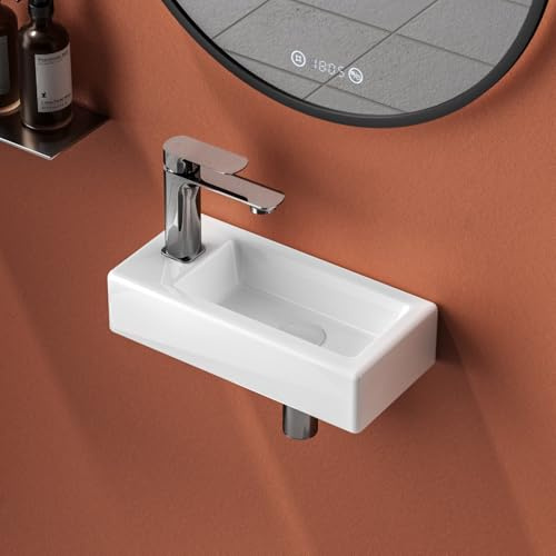 EMKE Waschbecken 37 x 17,8 x 9,5 cm, Klein Handwaschbecken Weiß, Hängewaschbecken für Gäste-WC und Badezimmer, Wasserhahn Links, Waschschale Wandmontage