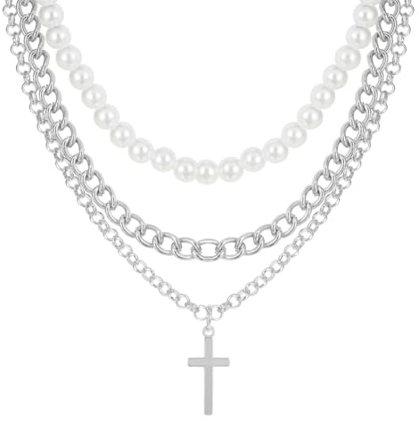 Eigso pärlhalsband för män kvinnor rostfritt stål strass kors hänge halsband för man kvinna, Rostfritt stål, Ingen ädelsten