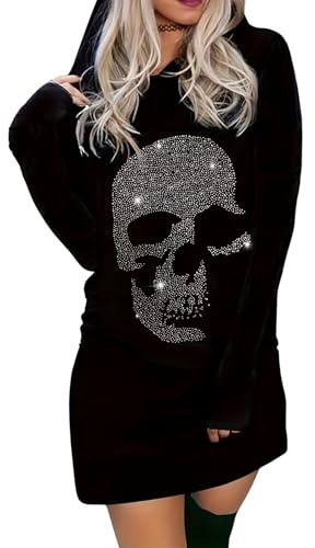 EVELUST Halloween Kostüm Damen Totenkopf Sweatshirt - Goth Gruselig Skelett Vintage Top Muster Strass Hoodie Langarm Y2k Clothes(Black,L-2,1156w)