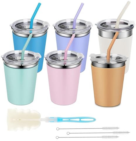 Hikrxya 6 Pack Stainless Steel Cups with Lids and Straws, 350ml Unbreakable Iced Coffee Cup, Kids Tumbler with Straw and Lid, Reusable Drinking Cup Travel Mug with Silicone Sleeves for Adults Kids
