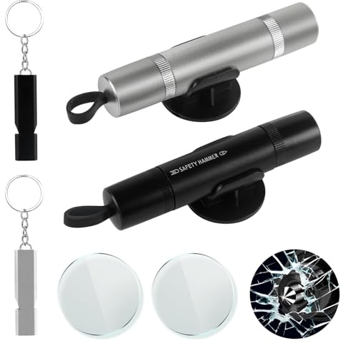Sandiyago 2 Stück Gurtschneider Notfallhammer, 2 in 1 Nothammer Auto mit Gurtschneider, Sicherheitshammer mit Testglas zum Üben, Notfallhammer Auto mit Gurtschneider für Auto und Busse(Schwarz+Silber)