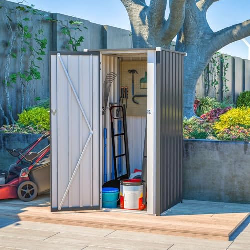 BIRCHTREE 3X3FT Outdoor Garden Shed Metal Storage Cabinet Galvanized Steel, Scratch-Resistant Film, Waterproof Tool Storage for Backyard Patio or Wheelie Bin Shed Grey
