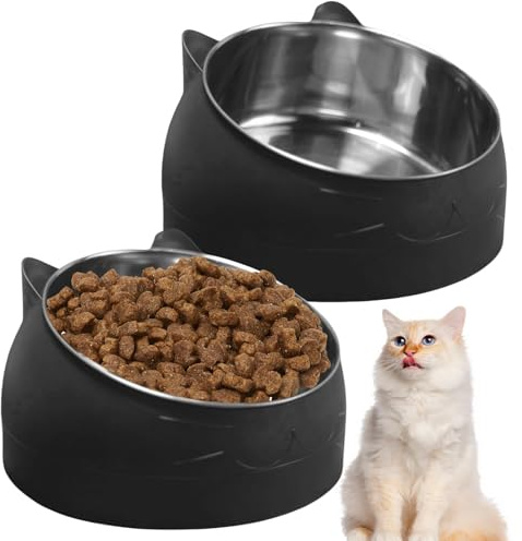 GOMETY Ciotola per gatti in acciaio inox, 2 pezzi, 400 ml, per gatti e gatti, inclinata a 15°, rialzata per proteggere la colonna vertebrale cervicale, ciotola per cibo per gatti, ciotola rimovibile