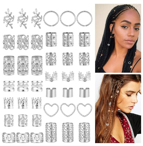 Nogeqi 190 Stück Silber Dreadlocks Schmuck, Haarperlen zum Klipsen Verstellbar Haarringe Metallene Haarpiercing Festival Haarschmuck für Braids Zubehör Dekoration Haar-Zöpfe Damen Männer