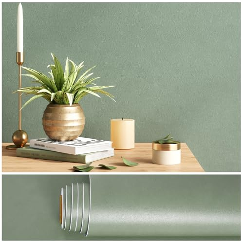 VEELIKE Strukturtapete Grün Tapete Stuck Salbeigrün Selbstklebende Tapete Schlafzimmer Badezimmer Klebefolie Betonoptik Grün Gips Tapeten Wohnzimmer Arbeitsplatte Folie Küche Abwaschbar 40cm×300cm