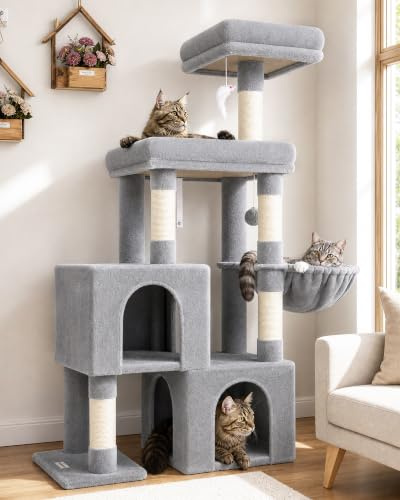 Globlazer S52 Kratzbaum Klein XL Stabil 134 cm für Große/Senioren Katze | Katzenbaum mit 2 Katzenhaus, Große Plattform, Sitzstangen, Korb für Katzchen Katzen Senioren Ausruhen Spielen Kratzen