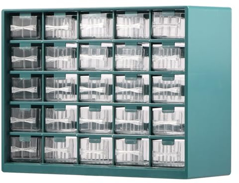 25 Drawers Stackable Storage Cabinet with 50 Removable Dividers, 29.3x12.3x22.5cm Desk Organizer with Drawers, Clear Desk Drawer Storage Box Tabletop Organization Box for Hardware Craft (Deep Green)