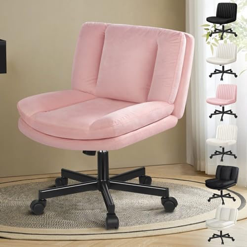 ALFORDSON Bürostuhl mit gekreuzten Beinen, breiter Sitz, armloser Schreibtischstuhl Rollen, ergonomischer, höhenverstellbarer Drehstuhl mit gekreuzten Rückenlehnen das Homeoffice, Samtbezug, Rosa | Kleiner Stuhl Vantiy Chair Kreuzsitz,Rutschfester Leinenbezug,höhenverstellbar,Neigungswinkel 90°–105°, Schreibtisch,Rosa