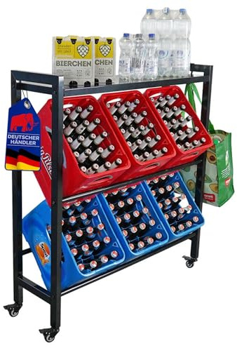 PROREGAL Étagère à Boissons KÖNIGSSEE L Plus avec étagère et 2 Crochets HxLxP 119x110x33 cm 6 caisses sur 2 Niveaux + étagère sur roulettes Noir