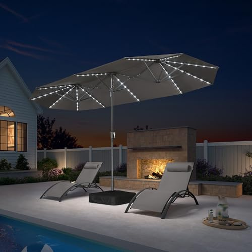 PURPLE LEAF Parasol de Jardin Extérieur avec LED 400 x 200 cm Gris clair | Pied de Parasol Incluse, Jusqu'à 8 heures d'autonomie, Parasol balcon, Grande surface d'ombre 10 m², Usage commercial, Hôtel
