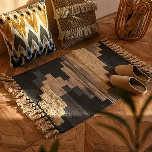 boiszeda Tappeti in cotone intrecciato con nappe, tappeto vintage marocchino da corridoio, tappetino lavabile in lavatrice per camera da letto, soggiorno, cucina e lavanderia