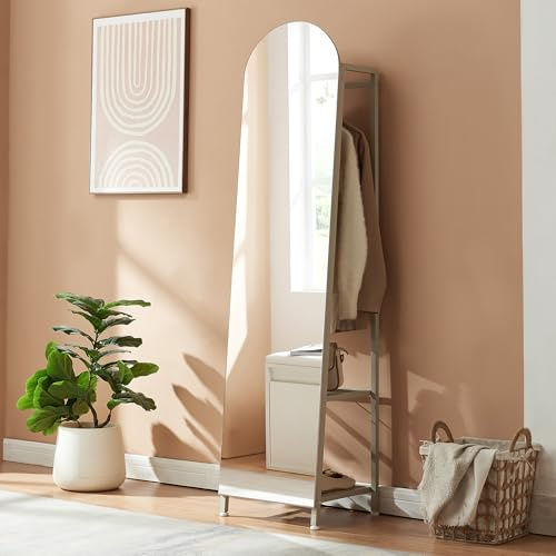 [en.casa] Espejo de Pie y Perchero Frenraby Mueble de Salón con Espejo de Cuerpo Entero 2 en 1 con Estantes y Barra para Colgar Ropa Dormitorio Vestidor Entrada Metal 165 x 40 x 35 cm - Oatmeal