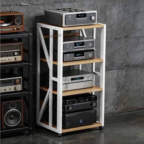 Jidanmian 4-Tier AV Media Stand with Wheels, Modern Stereo Cabinet Receiver Console Shelf with K-shaped Steel Frame, Mobile AV Media Stand for Record Player, Dvd, TV Box, White