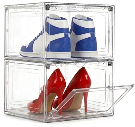 MALABI 2 pcs Clear Shoe Storage Boxes, Foldable Stackable Shoe Organizer with Magnetic Door, Transparent Shoe Display Containers for Men and Women, White
