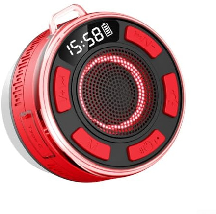 Altoparlante impermeabile per doccia, altoparlante portatile IPX7 con spettacolo di luci RGB, suono a 360°, radio FM, ventosa staccabile, BT5.1, batteria da 1100 mAh (rosso)