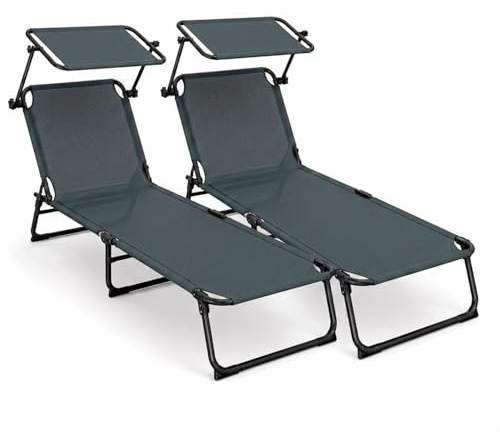 Set Di 2 Lettini Mare Pieghevoli Con Tettuccio Parasole Regolabile Schienale Reclinabile Sdraio In Acciaio Traspirante Ideali Per Spiaggia Giardino Campeggio 24 x 187 x 53 Cm Grigio Scuro