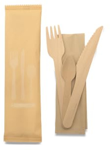 250 Kits Couverts Bois Jetables – Fourchette, Couteau, Cuillère, Serviette | Pochette individuelle en papier ; prête à distribuer ; fourchette et couteau 16,5 cm ; cuillère 11 cm ; service complet