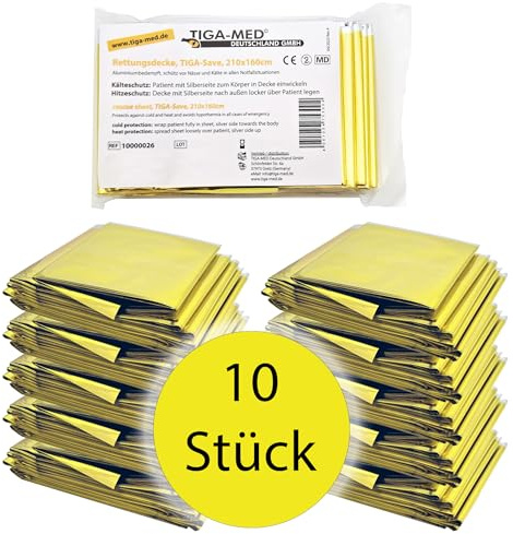 Tiga-Med 10x Rettungsdecke | 10 Stück | für Erste Hilfe, Auto, Notfall, Camping, Survial, Deko | Gold/Silber | 210x160cm | Rettungsfolie CE