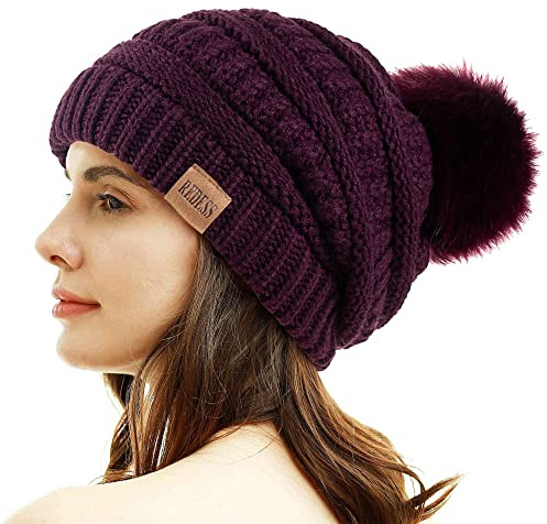 REDESS Damen Winter Pom Pom Beanie Mütze mit warmem Fleece gefüttert, Dicker Slouchy Snow Knit Chunky Baggy Skull Ski Cap