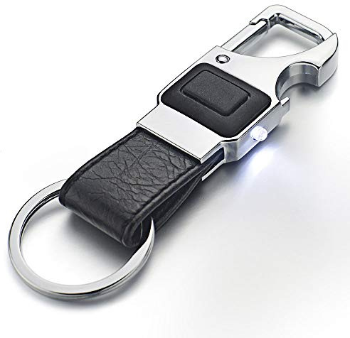 Mäns läder nyckelring metall bil dominerande ring LED multifunktionell verktyg nyckelring, flasköppnare nyckelring