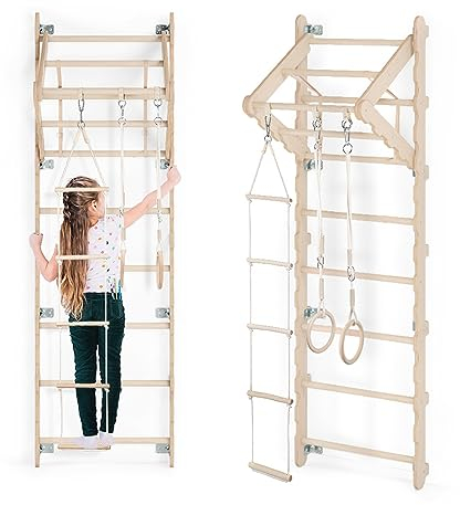 MAMOI® Sprossenwand 210 cm für Erwachsene, Holz Kletterwand mit Klimmzugstange, Turnringen und Kletterseil, Trainingsgerät für Zuhause und Fitnessraum