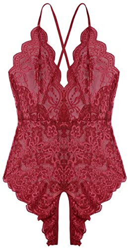 Lahaima Women One Piece Lingerie Sexy Teddy V Neck Bodysuit Lace Nightie (Wine Red, XX-Large)