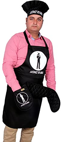 SiXsigma Sports Set of 3 Funny Chefs Aprons Hat Double Oven Gloves Set Novelty Kitchen Baking Cooking BBQ Birthday Anniversary Christmas Father Day Gift Set (11- Licence to Grill Black Set)